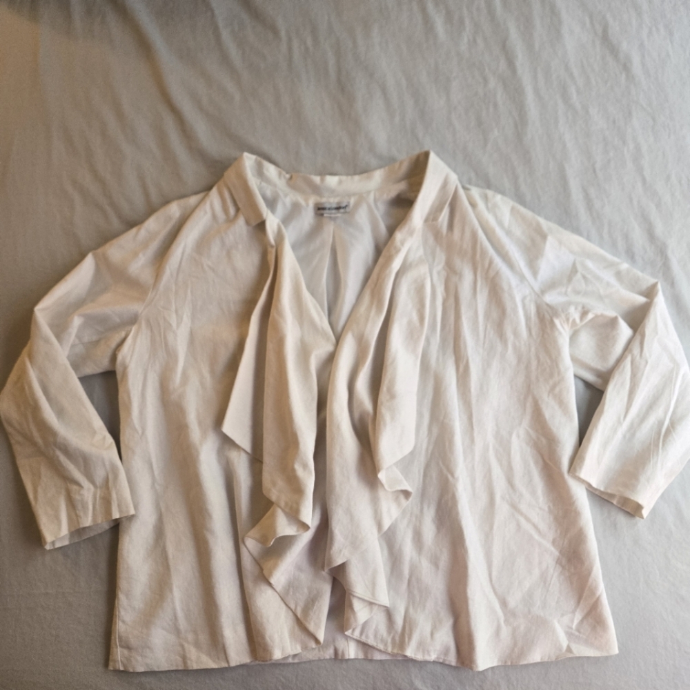 Jessica London Linen Blend White Waterfall Ruffle Front Cardigan